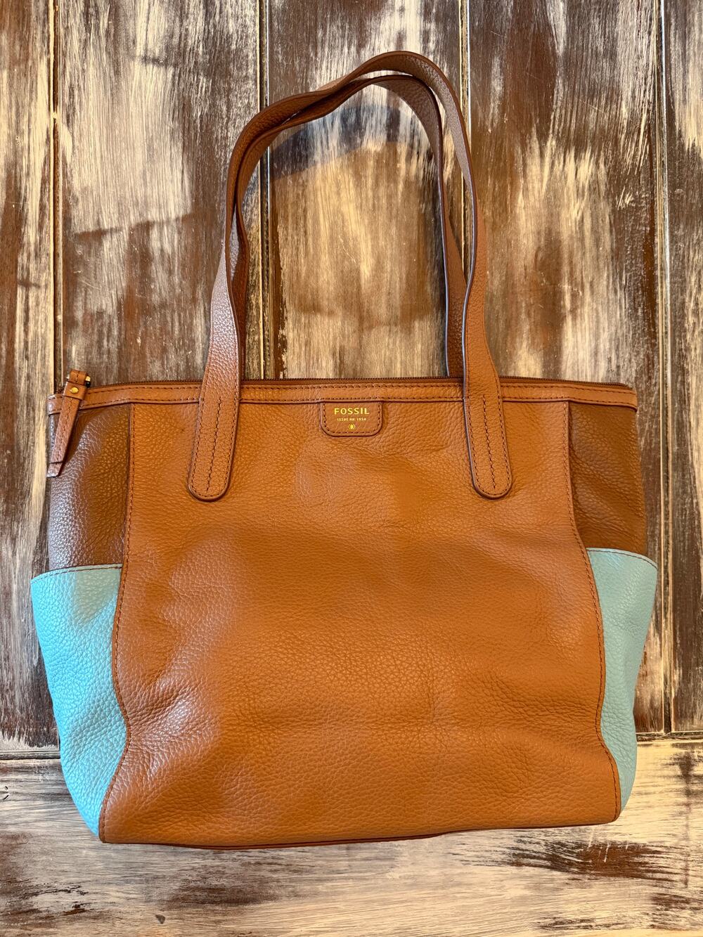 Fossil Women's Cow Hide Leather Shoulder Tote Bag Brown and Blue